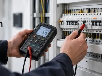 Revizní technik měří hodnoty v rozvaděči měřicím přístrojem